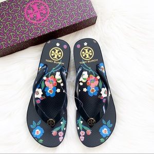 Tory Burch Dark Blue Wedge Flower Flip Flops-Size 8